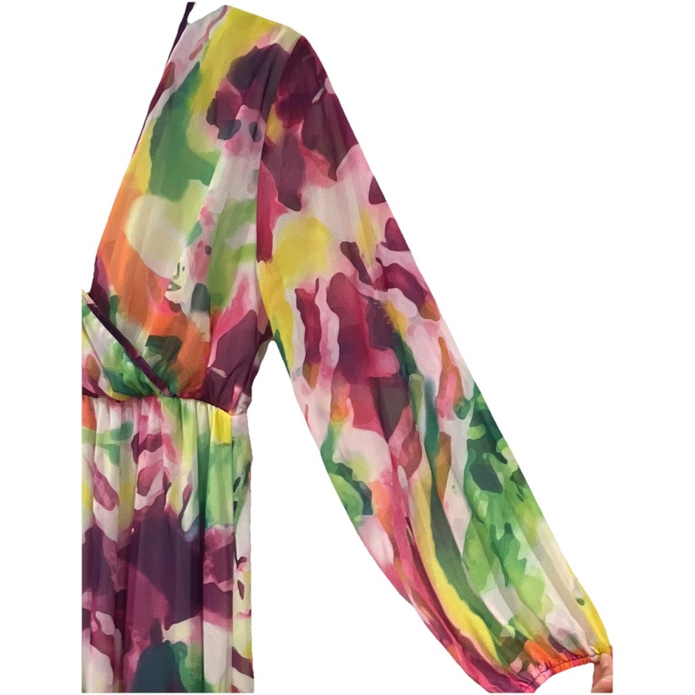 Womens Floral Watercolor Maxi Dress Long Sleeve V-Neck Wrap Faux Elastic Waist - Picture 2 of 3